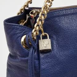 Pre Owned Carolina Herrera Navy Blue Leather Crystals Embellished Lock and Logo Chain Bag