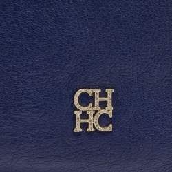 Pre Owned Carolina Herrera Navy Blue Leather Crystals Embellished Lock and Logo Chain Bag