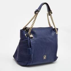 Pre Owned Carolina Herrera Navy Blue Leather Crystals Embellished Lock and Logo Chain Bag
