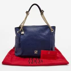 Pre Owned Carolina Herrera Navy Blue Leather Crystals Embellished Lock and Logo Chain Bag
