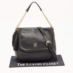 Carolina Herrera Black Leather Tassel Flap Shoulder Bag