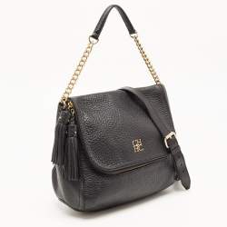 Carolina Herrera Black Leather Tassel Flap Shoulder Bag