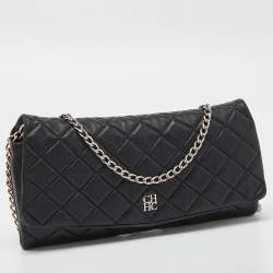 Carolina Herrera Black Quilted Leather CHHC Flap Chain Clutch