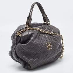 Pre Owned Carolina Herrera Grey Quilted Leather Pleated Chain Hobo
