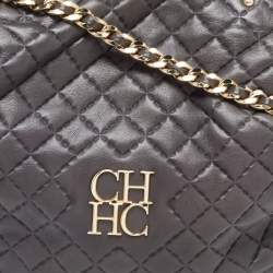 Pre Owned Carolina Herrera Grey Quilted Leather Pleated Chain Hobo