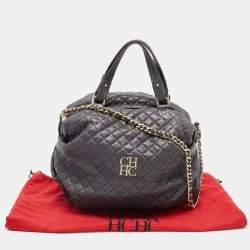 Pre Owned Carolina Herrera Grey Quilted Leather Pleated Chain Hobo