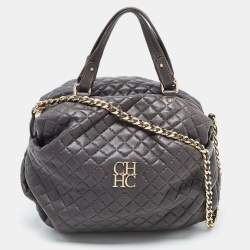 Pre Owned Carolina Herrera Grey Quilted Leather Pleated Chain Hobo