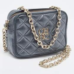 Pre Owned Carolina Herrera Metallic Quilted Leather Camera Chain Crossbody Bag