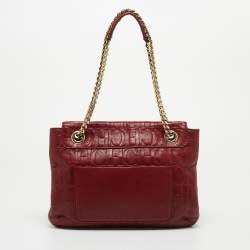 Carolina Herrera Red Monogram Embossed Leather Bow Shoulder Bag