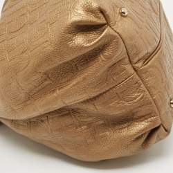 Pre Owned Carolina Herrera Gold Monogram Embossed Leather Bow Bucket Hobo