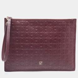 Carolina Herrera Burgundy Monogram Embossed Leather Zip Wristlet Pouch
