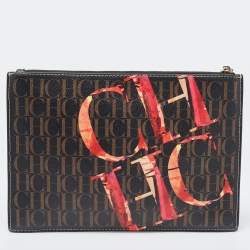 Carolina Herrera Brown Monogram Coated Canvas CH Logo Wristlet Pouch