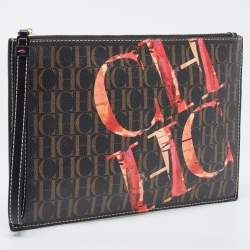 Carolina Herrera Brown Monogram Coated Canvas CH Logo Wristlet Pouch