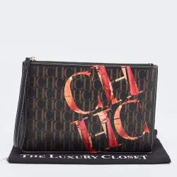 Carolina Herrera Brown Monogram Coated Canvas CH Logo Wristlet Pouch