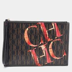 Carolina Herrera Brown Monogram Coated Canvas CH Logo Wristlet Pouch