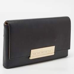 Pre Owned Carolina Herrera Black Leather Logo Metal Flap Clutch
