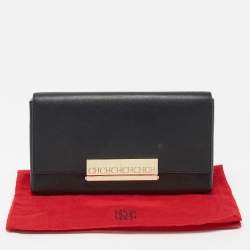 Carolina Herrera Black Leather Logo Metal Flap Clutch