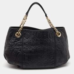 Pre Owned Carolina Herrera Black Monogram Embossed Leather Chain Hobo