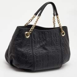 Pre Owned Carolina Herrera Black Monogram Embossed Leather Chain Hobo