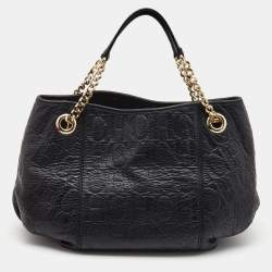 Pre Owned Carolina Herrera Black Monogram Embossed Leather Chain Hobo