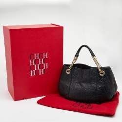 Pre Owned Carolina Herrera Black Monogram Embossed Leather Chain Hobo
