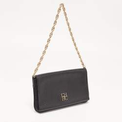 Pre Owned Carolina Herrera Black Leather Logo Flap Chain Bag