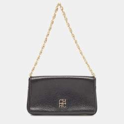 Pre Owned Carolina Herrera Black Leather Logo Flap Chain Bag