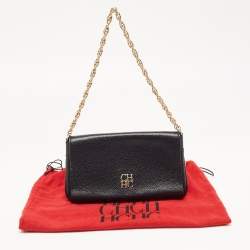 Pre Owned Carolina Herrera Black Leather Logo Flap Chain Bag