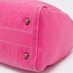 Pre Owned Carolina Herrera Pink/Beige Monogram Embossed Leather Andy Boston Bag