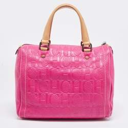 Pre Owned Carolina Herrera Pink/Beige Monogram Embossed Leather Andy Boston Bag