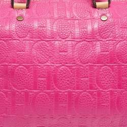 Pre Owned Carolina Herrera Pink/Beige Monogram Embossed Leather Andy Boston Bag
