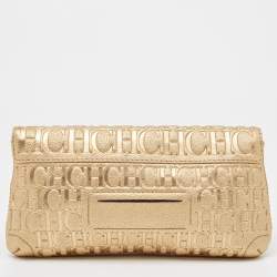 Carolina Herrera Gold Monogram Embossed Leather Bow Flap Clutch