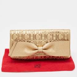 Carolina Herrera Gold Monogram Embossed Leather Bow Flap Clutch