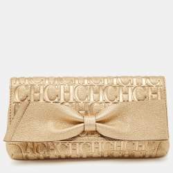 Carolina Herrera Gold Monogram Embossed Leather Bow Flap Clutch