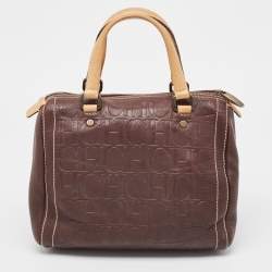 Pre Owned Carolina Herrera Brown Leather Monogram Embossed Andy Boston Bag