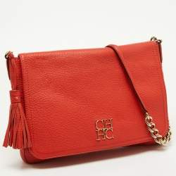 Carolina Herrera Orange Pebbled Leather Tassel Flap Shoulder Bag