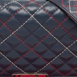 Carolina Herrera Blue/Red Quilted Leather Wildstitch Chain Flap Top Handle Bag