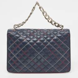 Carolina Herrera Blue/Red Quilted Leather Wildstitch Chain Flap Top Handle Bag