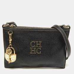 Pre Owned Carolina Herrera Black Leather Padlock Charm Crossbody Bag