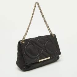 Pre Owned Carolina Herrera Black CH Embossed Leather Flap Chain Bag