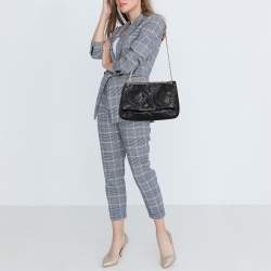 Pre Owned Carolina Herrera Black CH Embossed Leather Flap Chain Bag