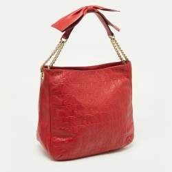 Carolina Herrera Red Monogram Embossed Leather Chain Bow Hobo