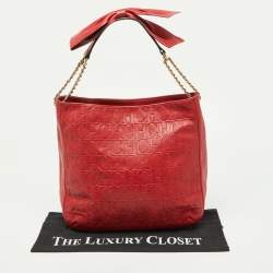 Carolina Herrera Red Monogram Embossed Leather Chain Bow Hobo