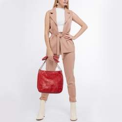 Carolina Herrera Red Monogram Embossed Leather Chain Bow Hobo