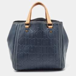 Pre Owned Carolina Herrera Navy Blue/Beige Monogram Embossed Leather Andy Tote