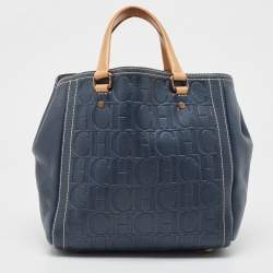 Pre Owned Carolina Herrera Navy Blue/Beige Monogram Embossed Leather Andy Tote