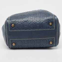 Pre Owned Carolina Herrera Navy Blue/Beige Monogram Embossed Leather Andy Tote