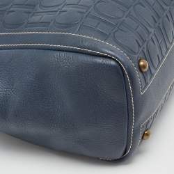 Pre Owned Carolina Herrera Navy Blue/Beige Monogram Embossed Leather Andy Tote