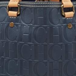 Pre Owned Carolina Herrera Navy Blue/Beige Monogram Embossed Leather Andy Tote