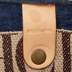 Pre Owned Carolina Herrera Navy Blue/Beige Monogram Embossed Leather Andy Tote